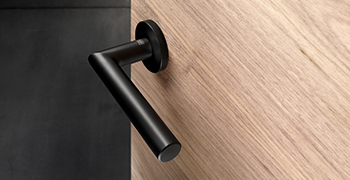 schwarzer Tuergriff in geradliniger Form an einer quergemaserten Holztuer